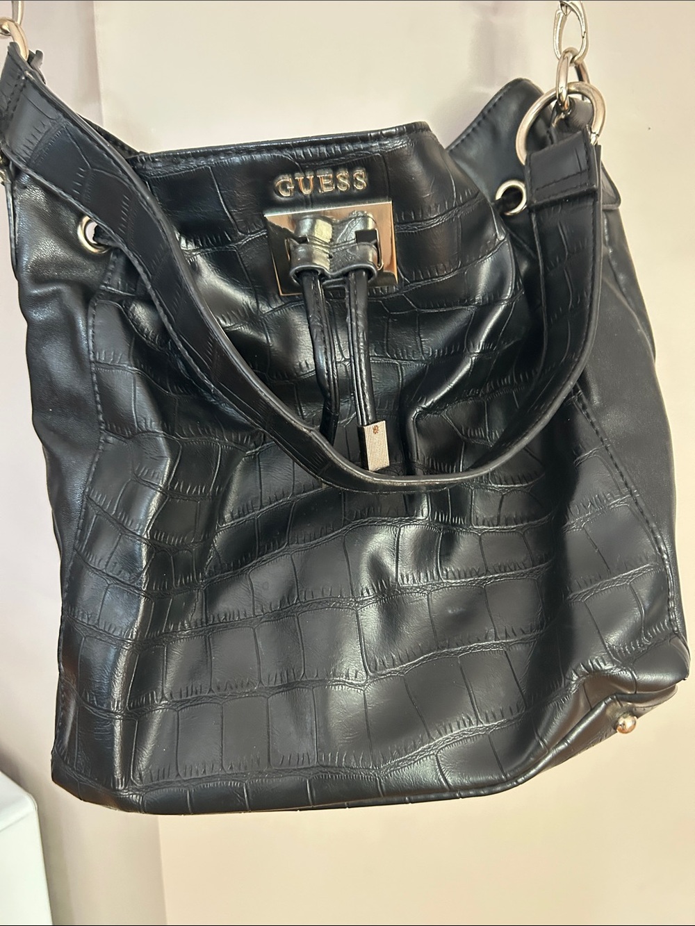 Guess Black Croc-Embossed Shoulder Bag with Gold Hardware
